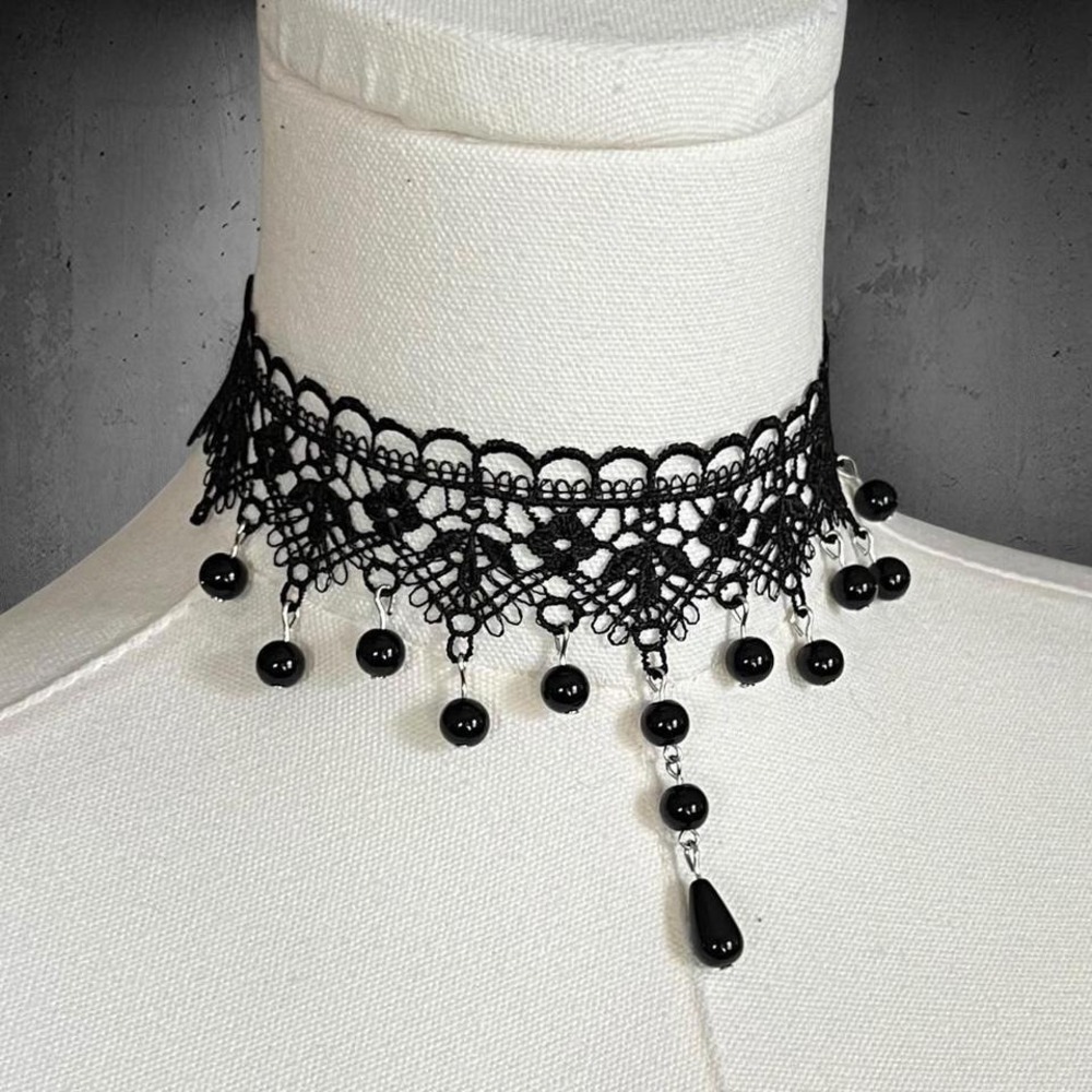 Black Lace Beaded Choker Necklace - Picture 2 of 4
